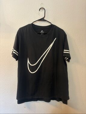 Nike Black Tee with White Swoosh and Sleeve Stripes